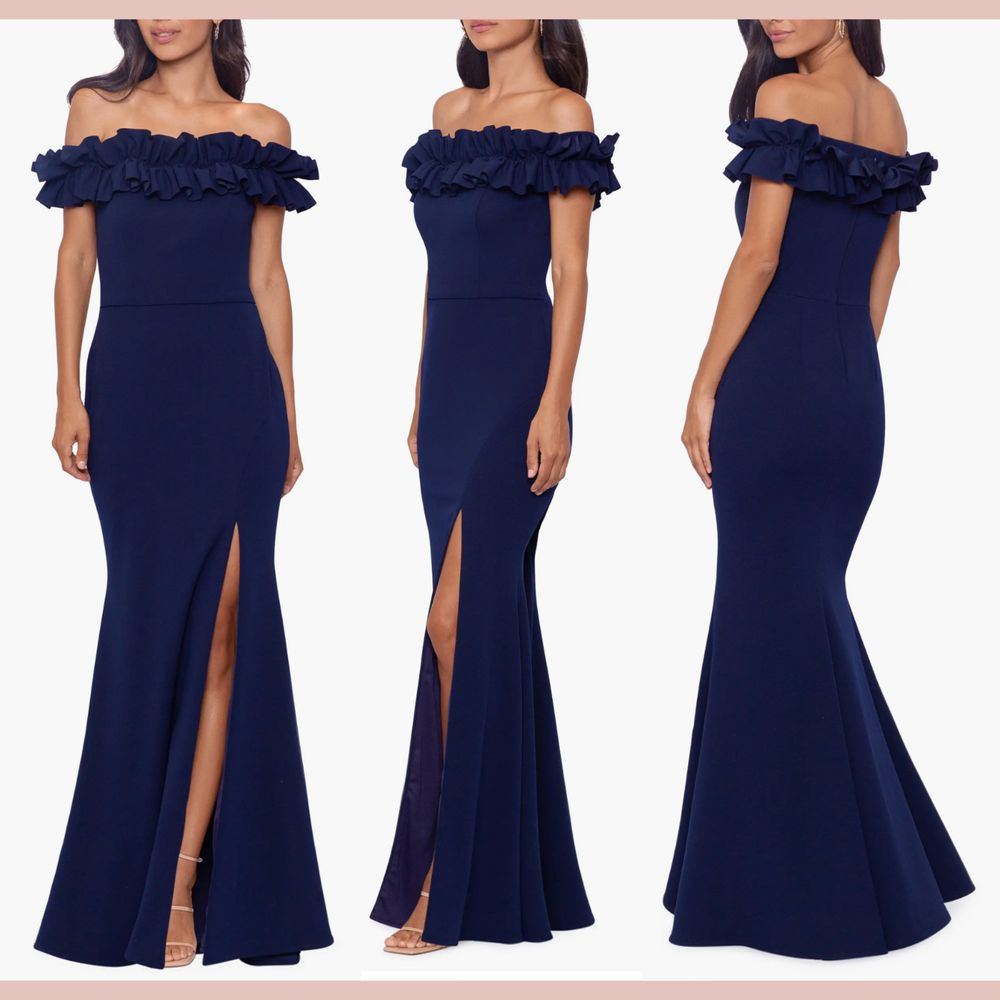 Nwd $258 Xscape [ 4p ] Off Shoulder Ruffle Crepe Trumpet Gown Navy Blue